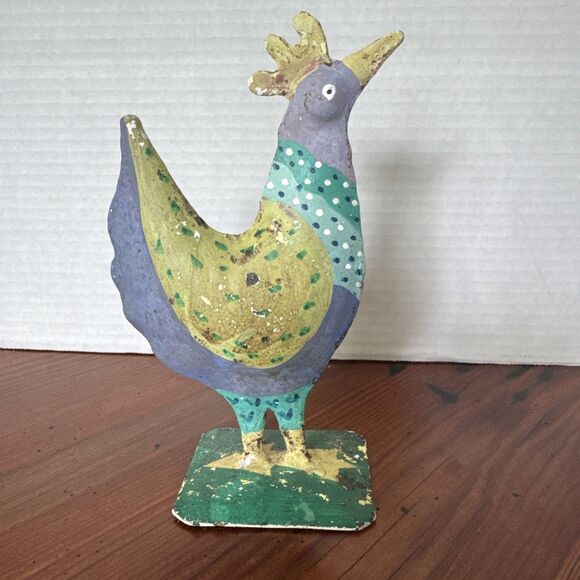 Primitive Metal Chicken Folk Art Purple Yellow Green 7 Inches - Picture 1 of 11